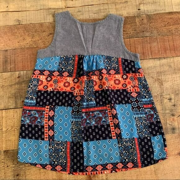 Lily Bleu Girls Size 6X Blue Patchwork Western Print Sleeveless Tank Top Blouse - Picture 3 of 4
